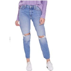 Distressed ankle-cut button fly mom jeans